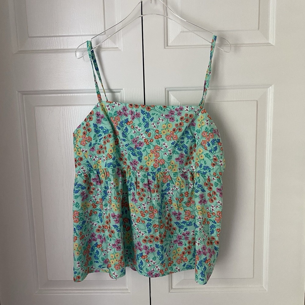 J. Crew Floral Cami Top Strappy Square Neck Tie Back Mint‎ Green Size 14
